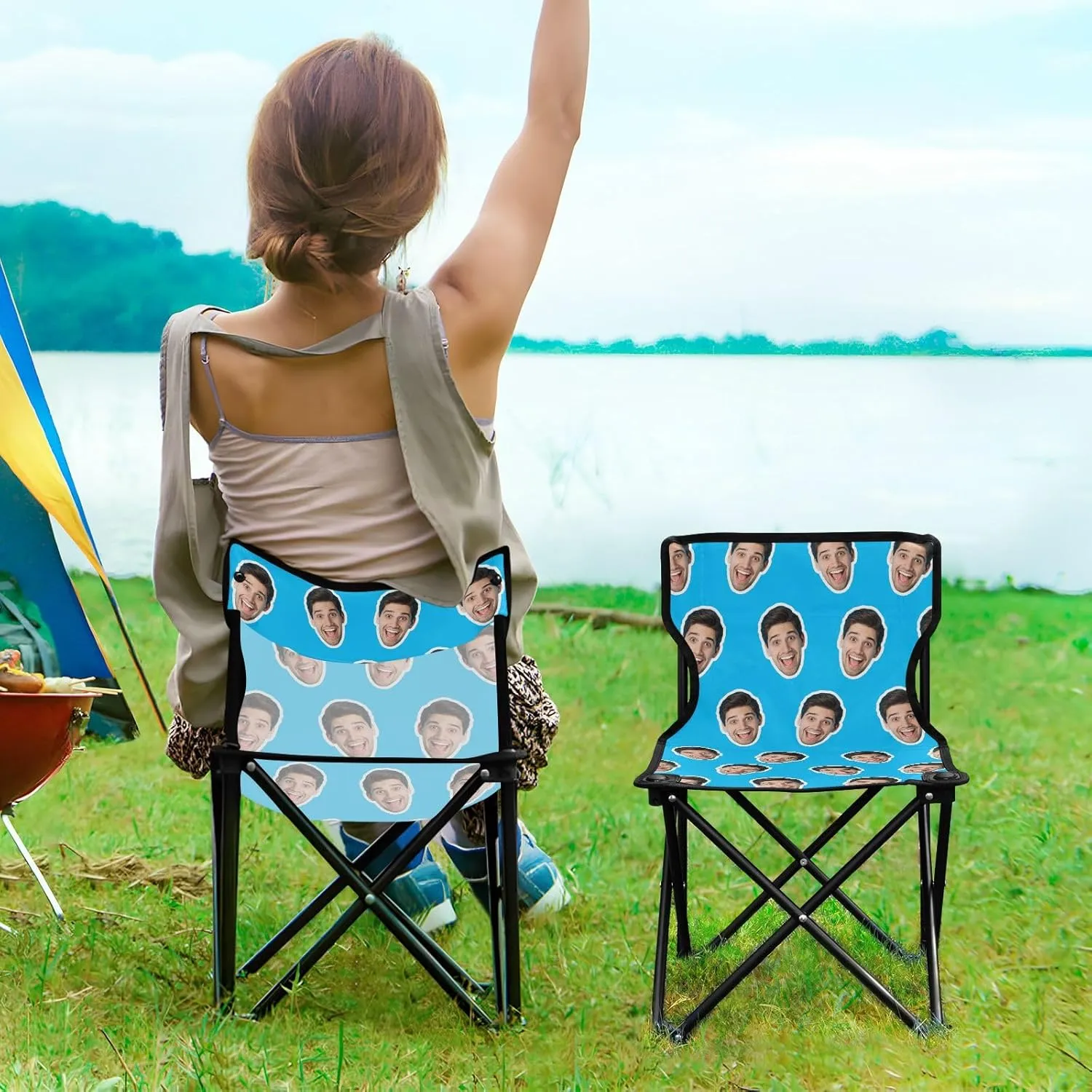 Sinestour Sky Blue Custom Folding Camping Chair Personalized Photo Face Outdoor Chair with Carry Bag for Travel Barbeques Picnic