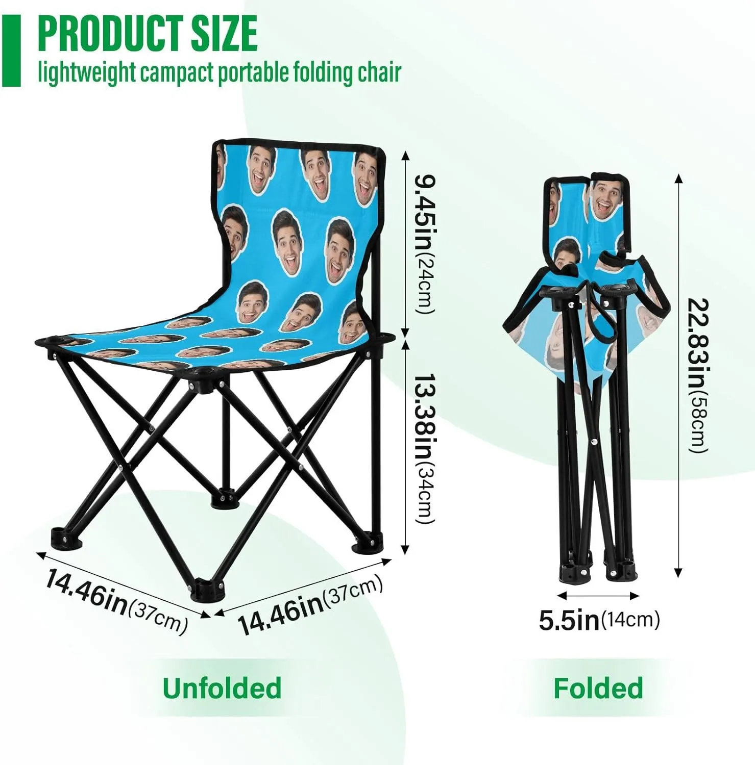 Sinestour Sky Blue Custom Folding Camping Chair Personalized Photo Face Outdoor Chair with Carry Bag for Travel Barbeques Picnic