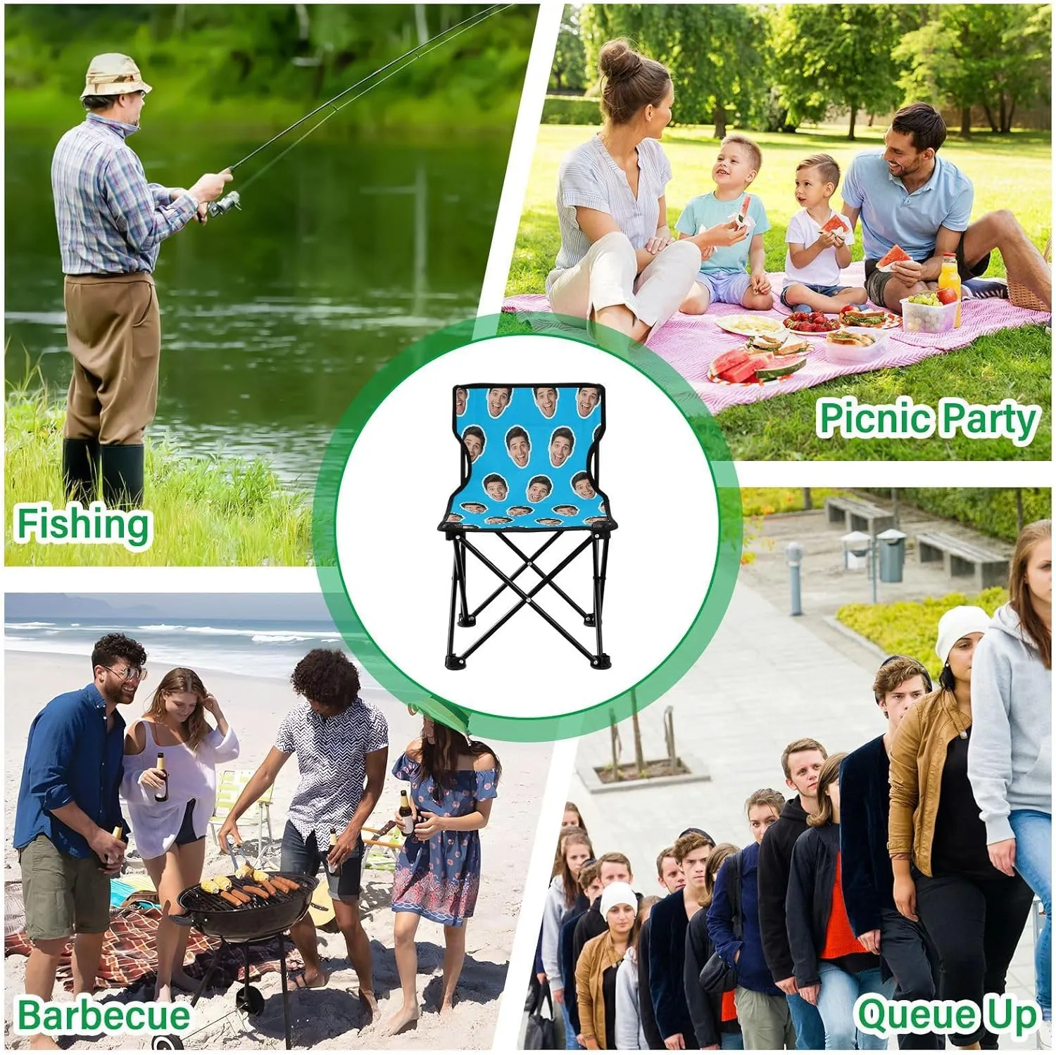 Sinestour Sky Blue Custom Folding Camping Chair Personalized Photo Face Outdoor Chair with Carry Bag for Travel Barbeques Picnic