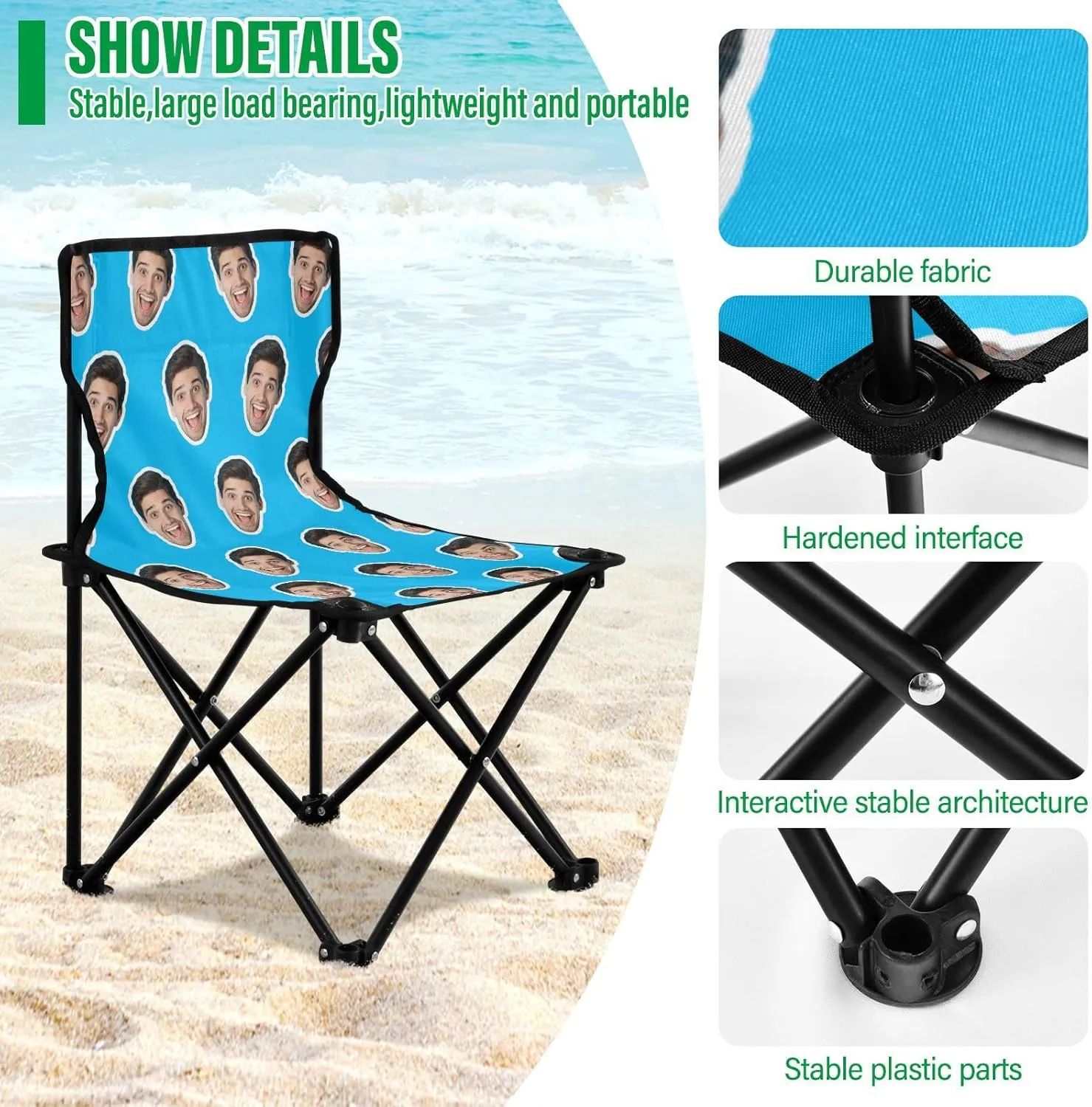 Sinestour Sky Blue Custom Folding Camping Chair Personalized Photo Face Outdoor Chair with Carry Bag for Travel Barbeques Picnic