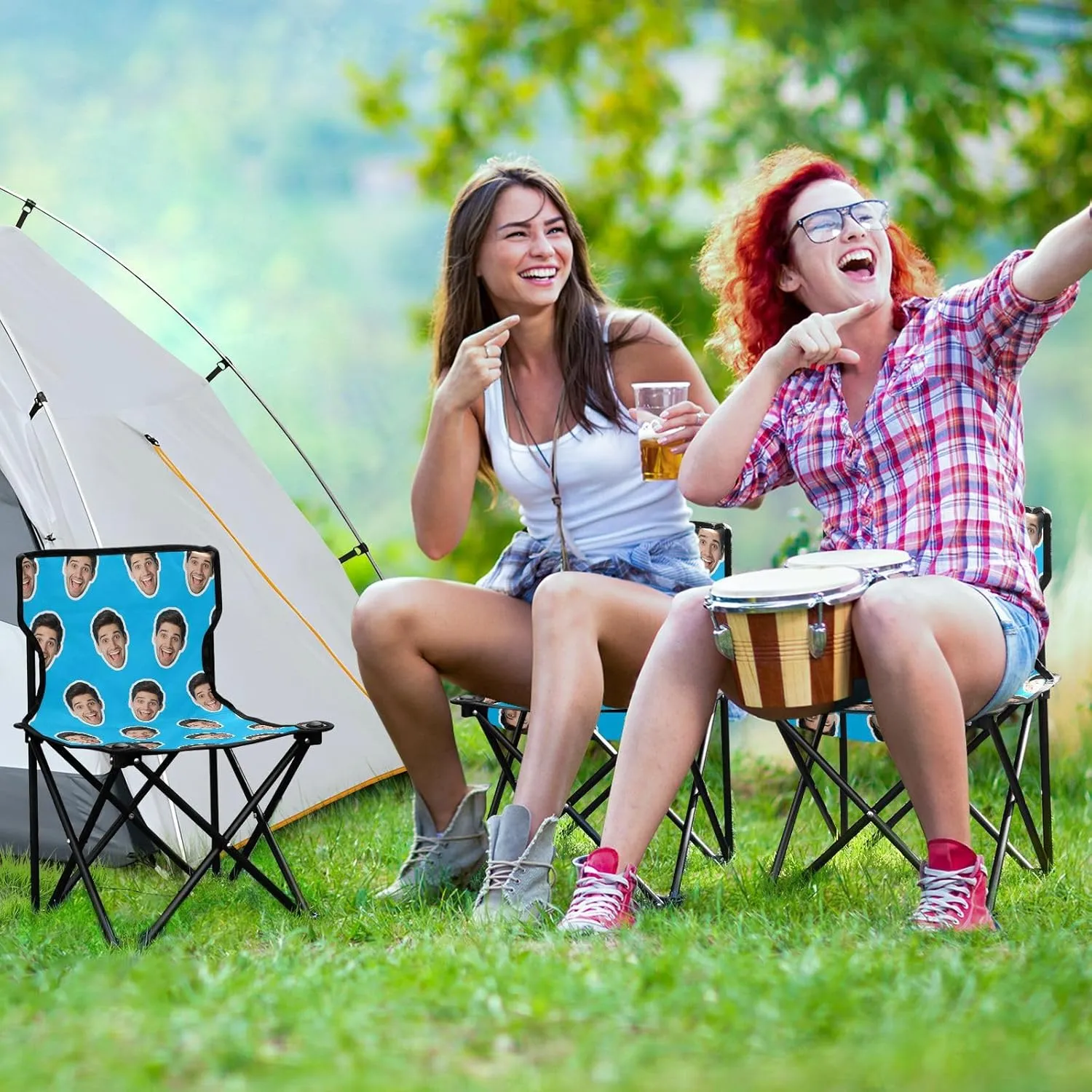 Sinestour Sky Blue Custom Folding Camping Chair Personalized Photo Face Outdoor Chair with Carry Bag for Travel Barbeques Picnic