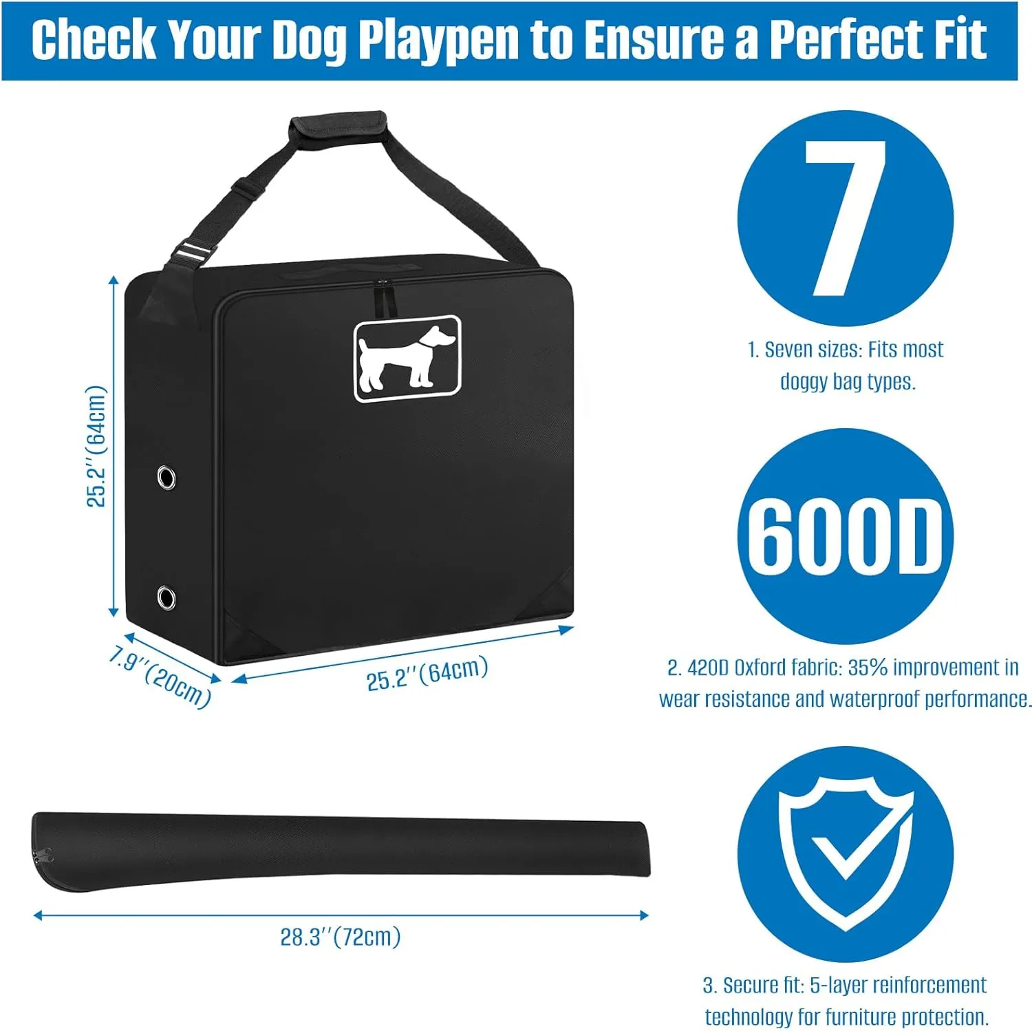SIRUITON Dog Playpen Storage Bag, Fits 24" H 8 Panels and 9 Stakes，Suitable for Foldable Exercise Pet Playpen, Dog Fence Travel Bag, with Reinforcing Plate & Shoulder