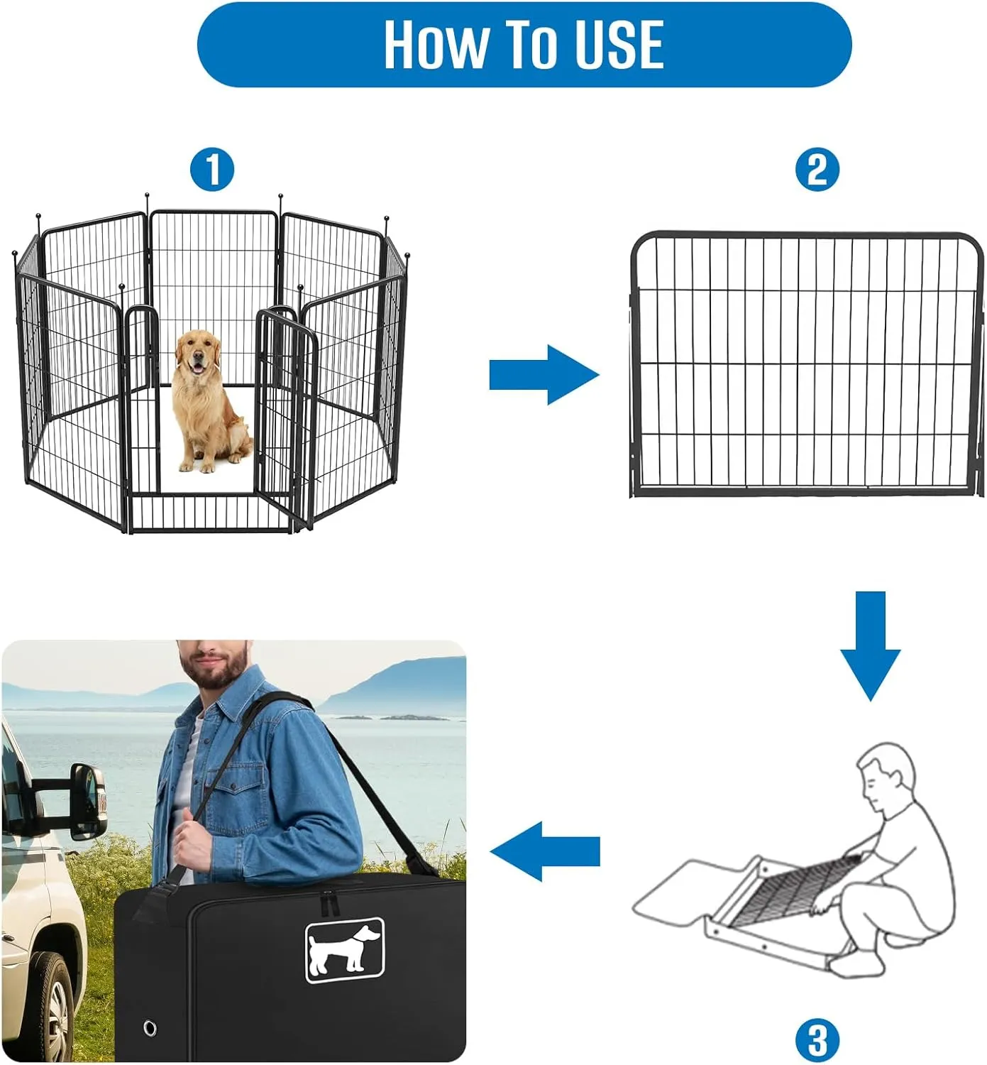 SIRUITON Dog Playpen Storage Bag, Fits 24" H 8 Panels and 9 Stakes，Suitable for Foldable Exercise Pet Playpen, Dog Fence Travel Bag, with Reinforcing Plate & Shoulder