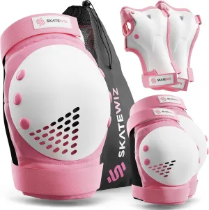 SKATEWIZ Skateboard Pads Protective Gear Set for Kids - Smash - Roller Skate Pads [6pc] - Elbow Pads Roller Derby and Knee Pads Kids Skating with Wrist Guards for Kids and Adults