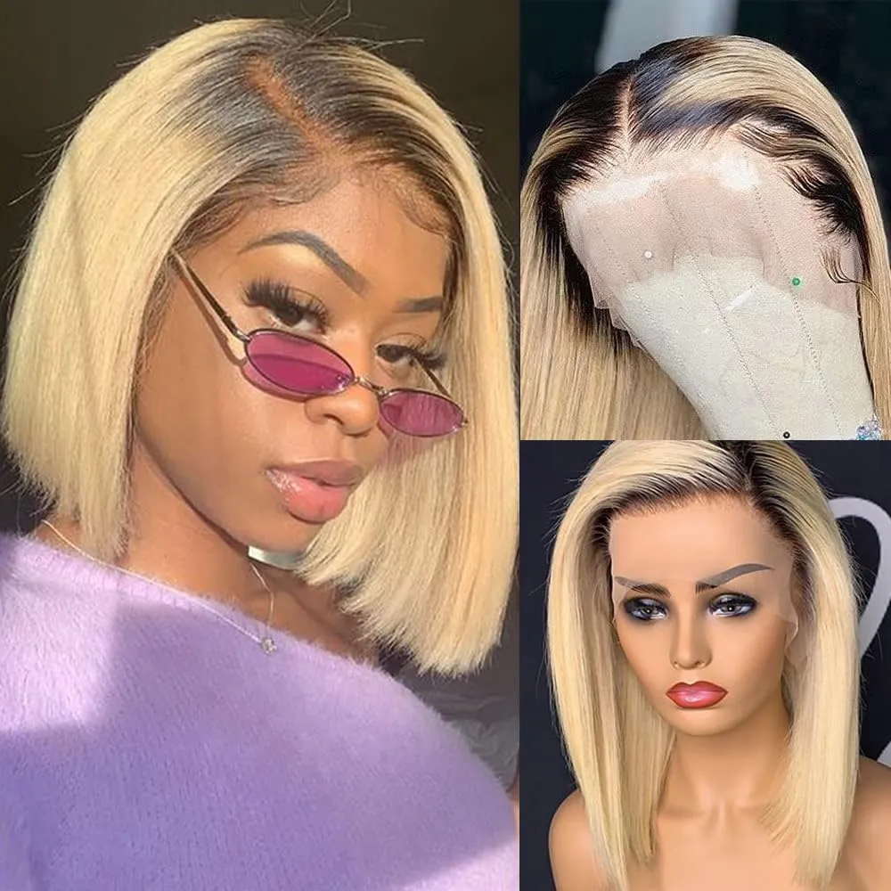 Smartinnov Ombre Blonde Human Hair Wigs 13x4 Lace Front Blonde wth Dark Roots Glueless Bob Wig 10 Inch 1B613 Ombre Blonde HD Transparent 180% Density Pre Plucked with Baby Hair Bleached Knot Bob Wig