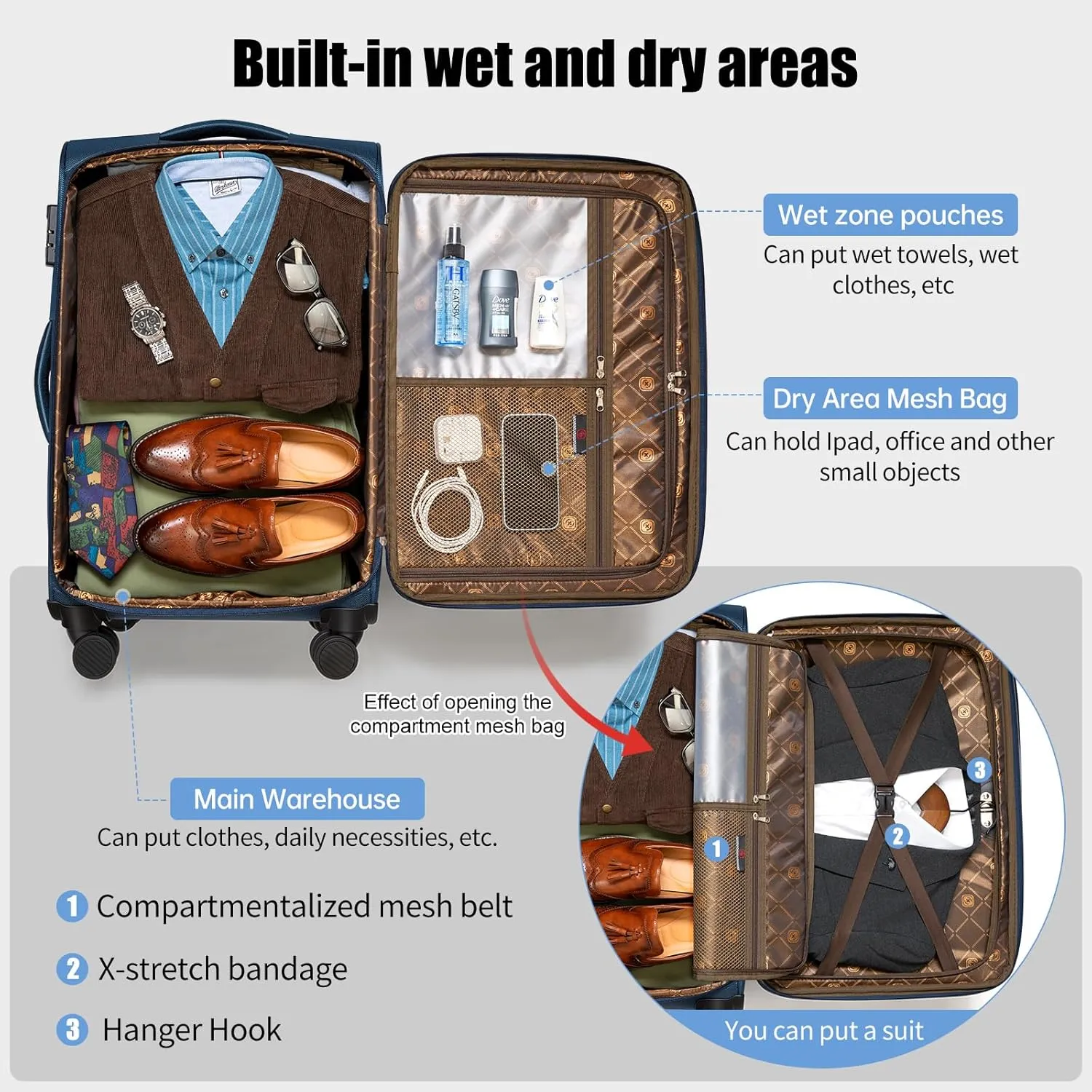 Softside Expandable Luggage with 4 Spinner Wheels, Durable Carry-On Luggage Suicase (Blue, 2-Piece Set 21/25)