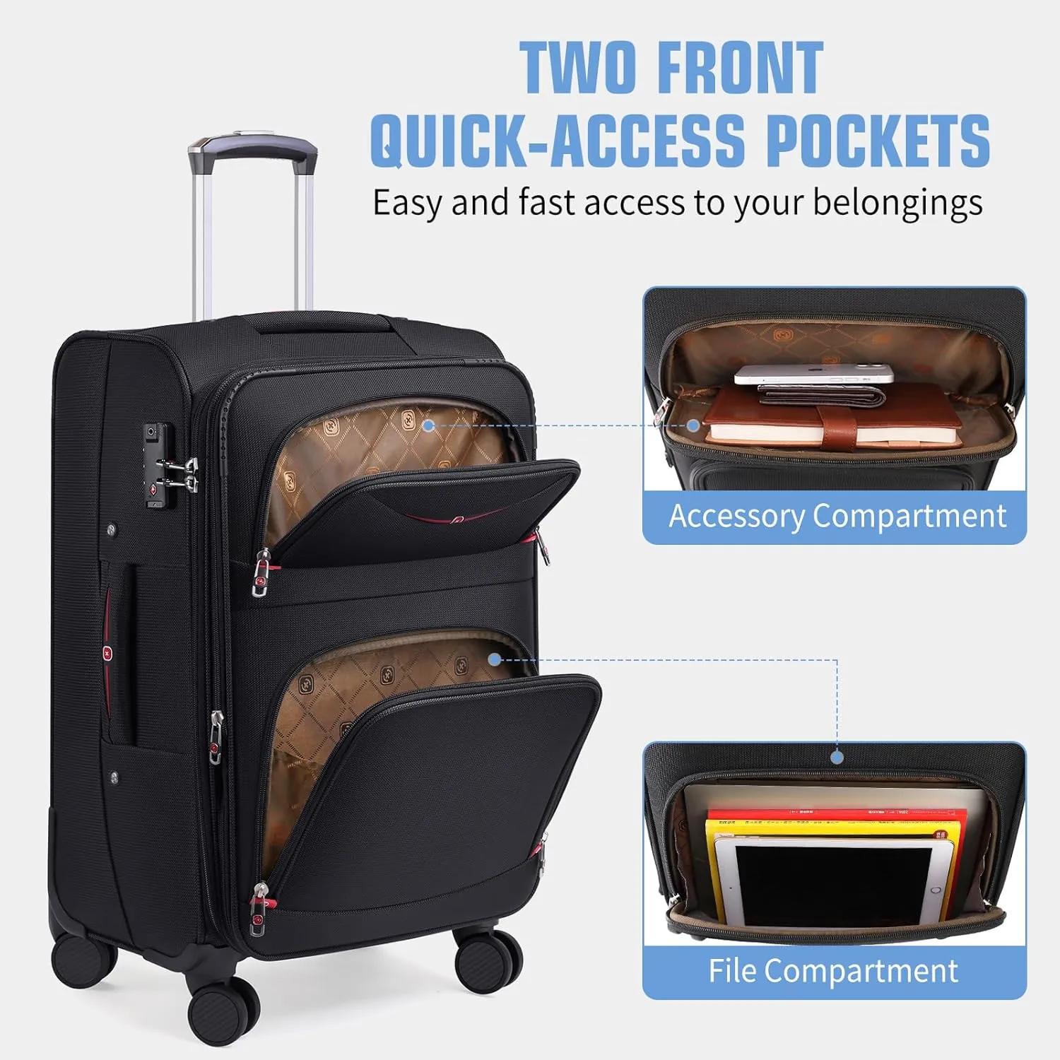 Softside Expandable Luggage with 4 Spinner Wheels, Durable Carry-On Luggage Suicase (Blue, 2-Piece Set 21/25)