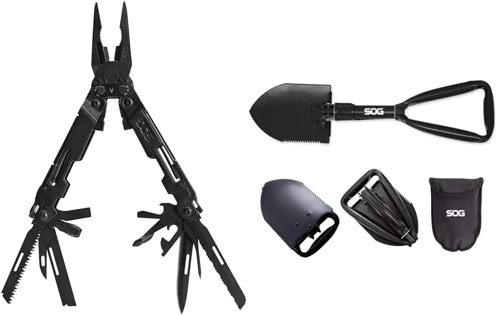 SOG PA2002-CP PowerAccess Deluxe Multi-Tool, Black & SOG Entrenching Tool- 18.25 Inch Folding Survival Shovel with Wood Saw Edge and Tactical Shovel Carry Case- Black (F08-N)