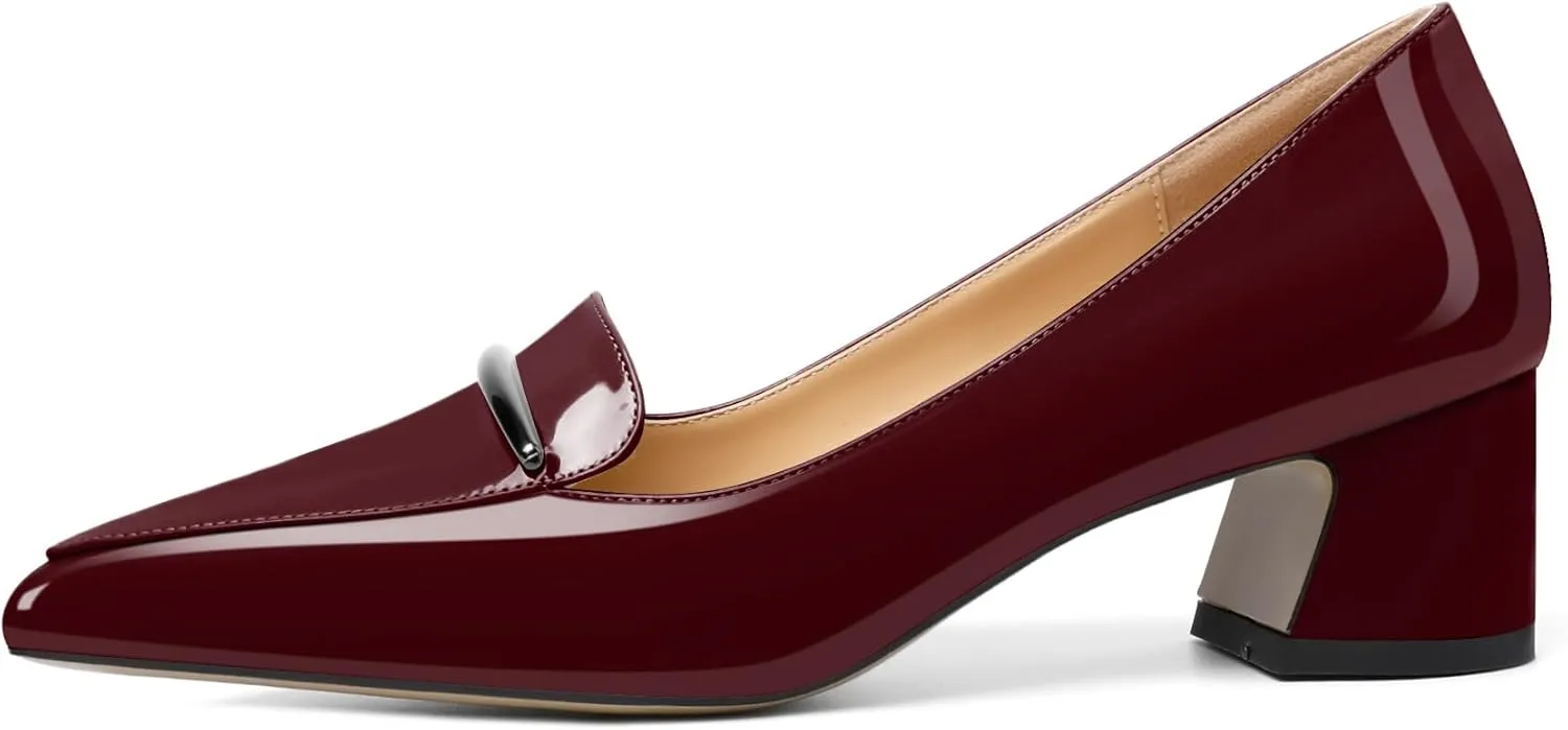 Soireelady Womens Block Heel Low Chunky Heels, Pointed Toe Loafer Heels Slip On Dress Shoes 2 Inches