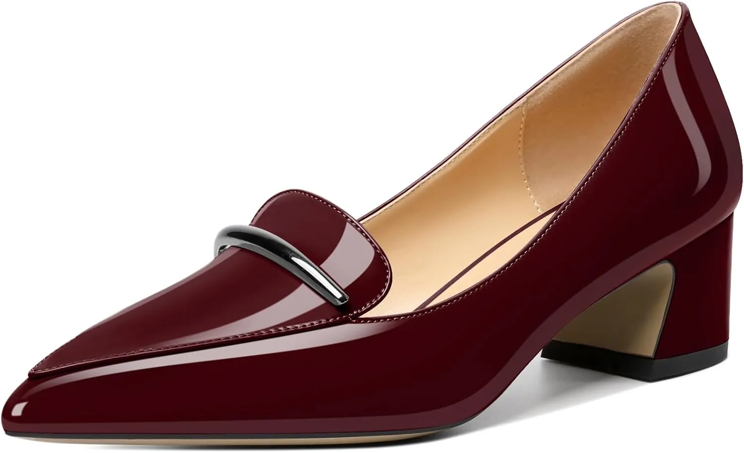 Soireelady Womens Block Heel Low Chunky Heels, Pointed Toe Loafer Heels Slip On Dress Shoes 2 Inches