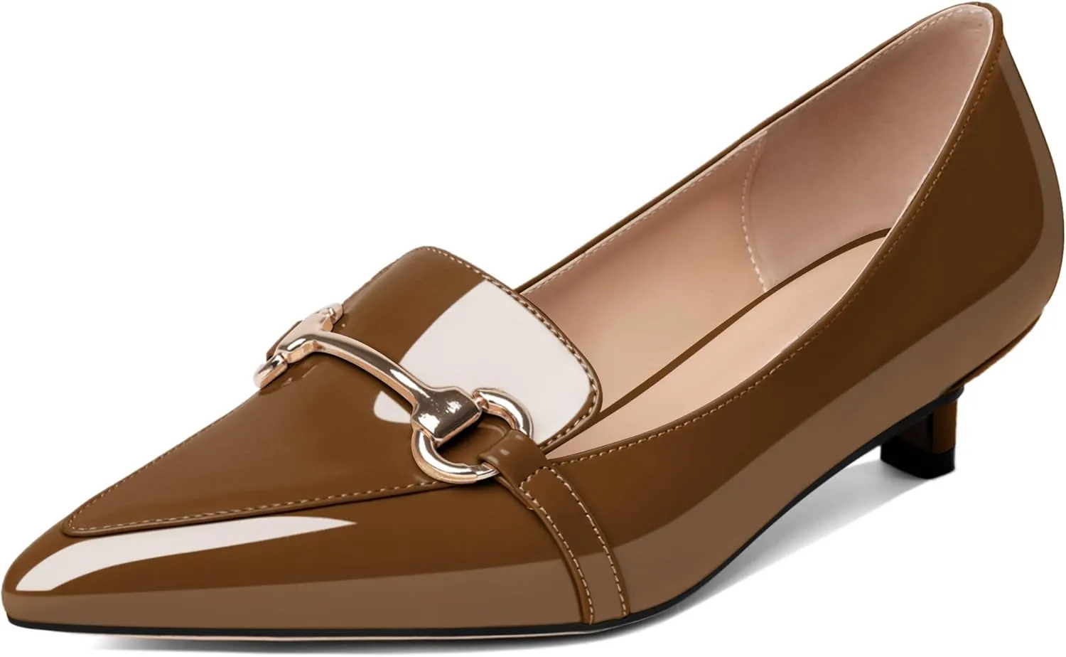 Soireelady Womens Kitten Heels Pointed Toe Heel Pumps Low Heel Closed Toe Slip on Loafer Pumps with Gold Metal Buckle Comfort Dress Work Shoes 1.5 Inches