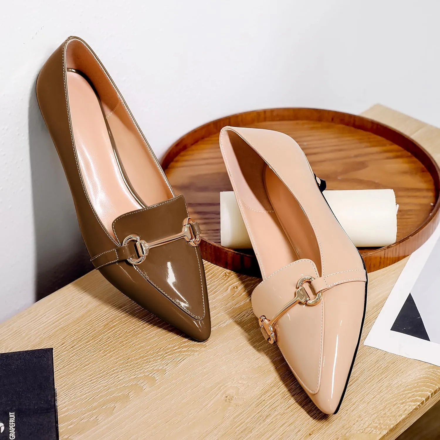 Soireelady Womens Kitten Heels Pointed Toe Heel Pumps Low Heel Closed Toe Slip on Loafer Pumps with Gold Metal Buckle Comfort Dress Work Shoes 1.5 Inches