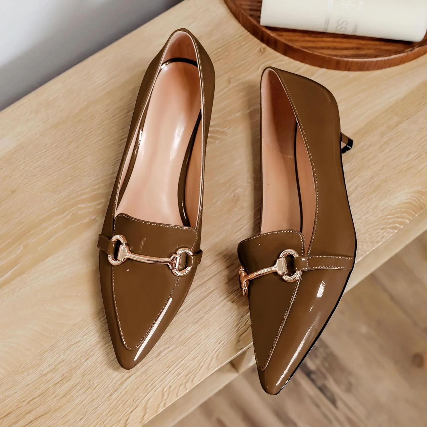 Soireelady Womens Kitten Heels Pointed Toe Heel Pumps Low Heel Closed Toe Slip on Loafer Pumps with Gold Metal Buckle Comfort Dress Work Shoes 1.5 Inches