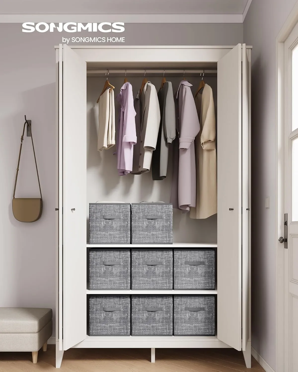 SONGMICS Storage Cubes, 13-Inch Non-Woven Fabric Bins with Double Handles, Set of 8, Closet Organizers for Shelves, Foldable, for Clothes, Cattail Gray UROB833G01