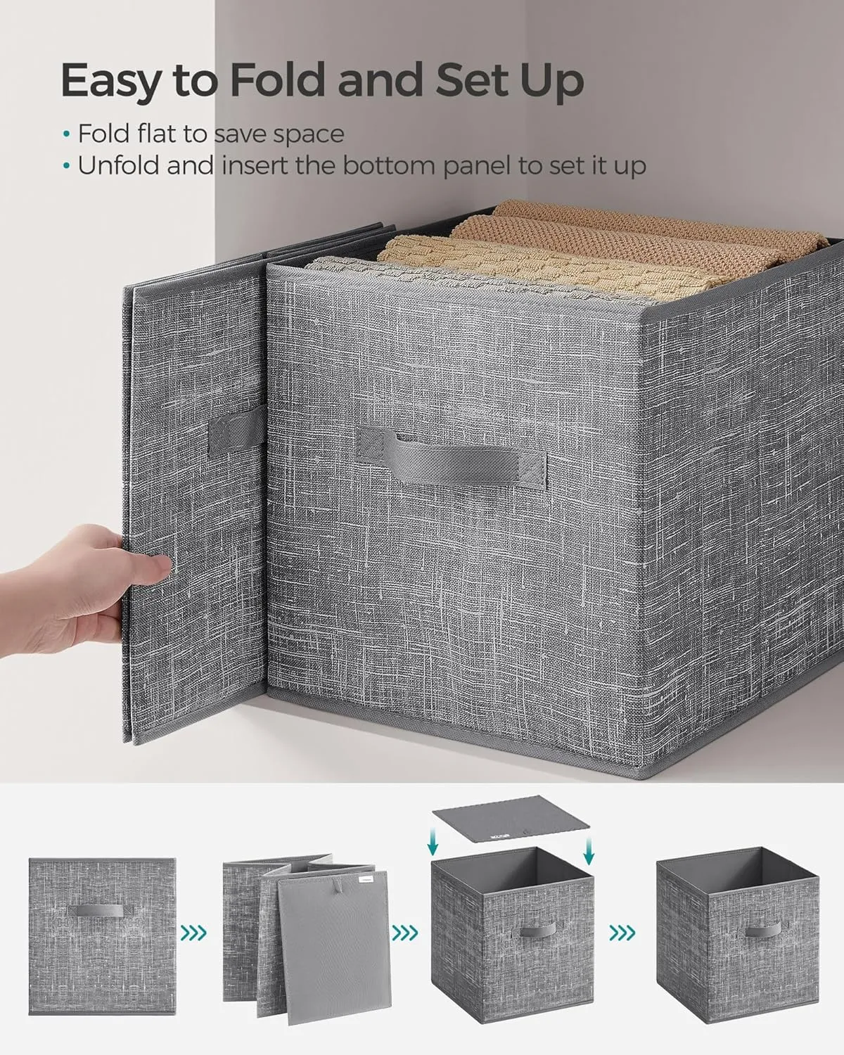 SONGMICS Storage Cubes, 13-Inch Non-Woven Fabric Bins with Double Handles, Set of 8, Closet Organizers for Shelves, Foldable, for Clothes, Cattail Gray UROB833G01