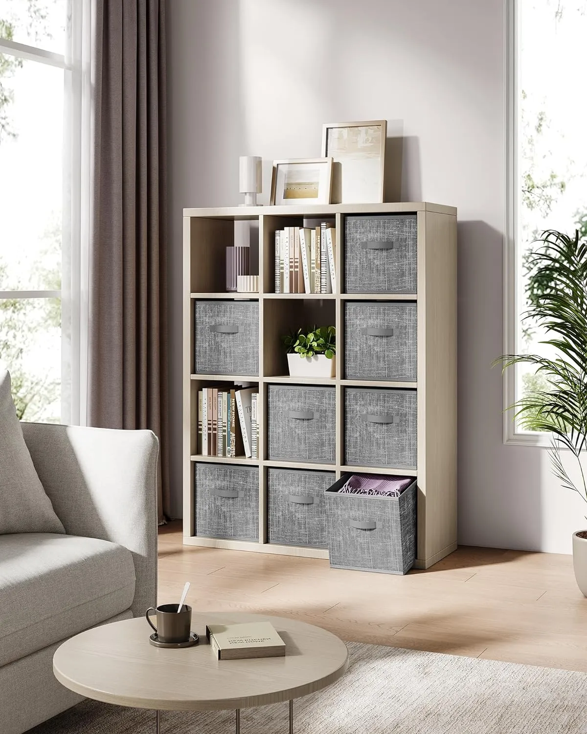 SONGMICS Storage Cubes, 13-Inch Non-Woven Fabric Bins with Double Handles, Set of 8, Closet Organizers for Shelves, Foldable, for Clothes, Cattail Gray UROB833G01