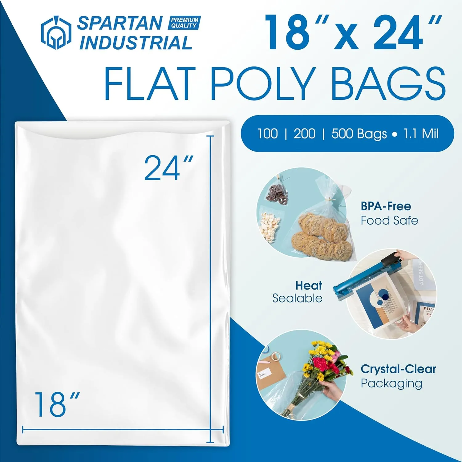 Spartan Industrial - 18” X 24” (100 Count) 1.1 Mil Flat Open End Clear Plastic Poly Bags - for Proofing Bread Dough, Packaging Clothes, Shirts (Thin & Lightweight - Bags DO NOT Have Seal & Prints)