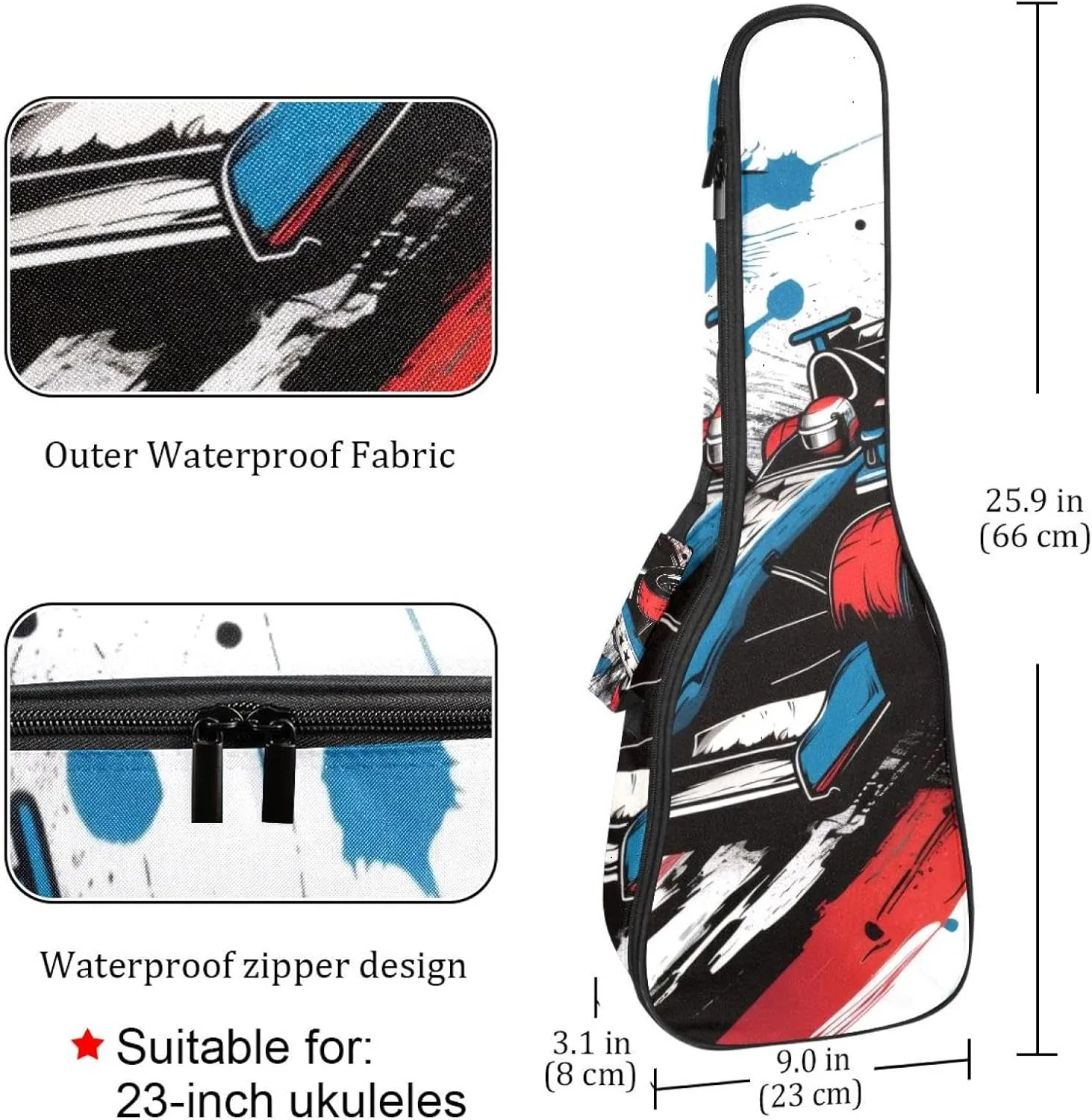 Speeding Racing Car with Checkered Flag Ukulele Case, Padded Bag for 23 Inch Concert Ukulele, Waterproof & Durable