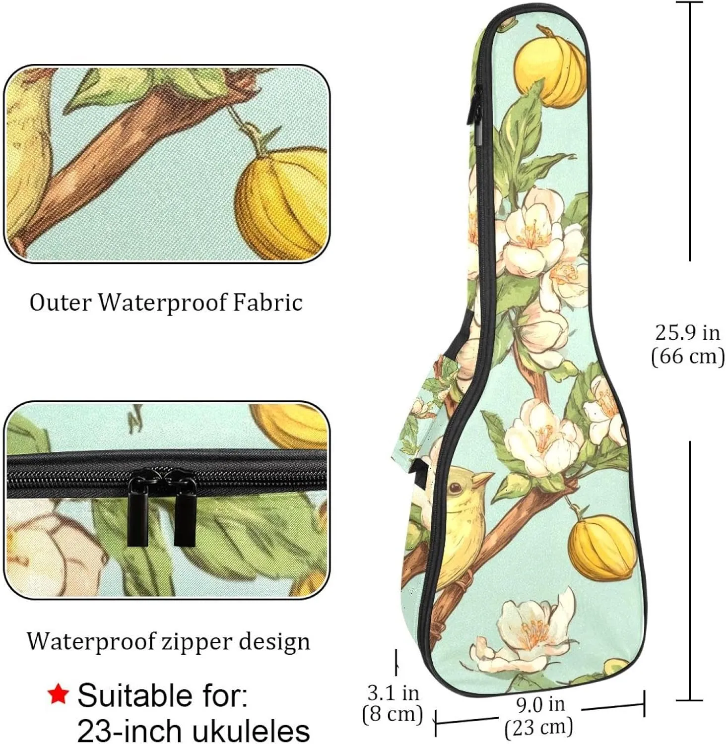 Spring Birds with Flowers Seamless Pattern Ukulele Case, Padded Bag for 23 Inch Concert Ukulele, Waterproof & Durable