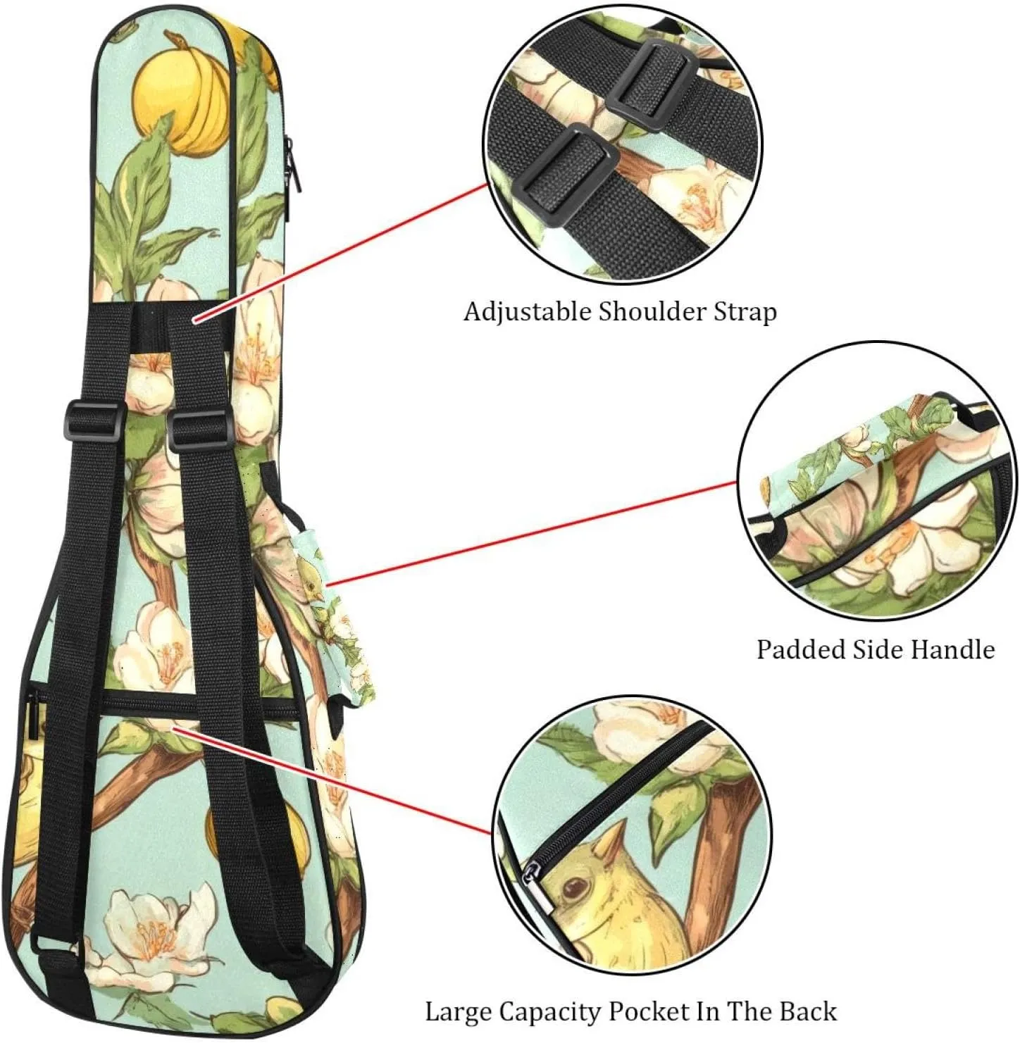Spring Birds with Flowers Seamless Pattern Ukulele Case, Padded Bag for 23 Inch Concert Ukulele, Waterproof & Durable