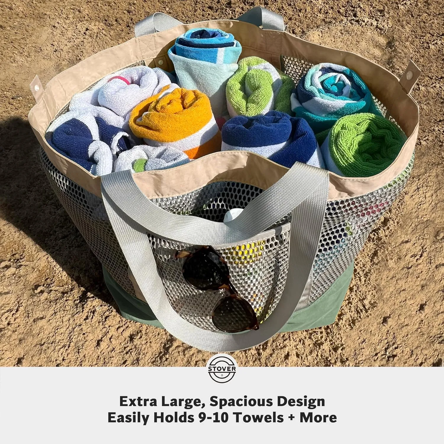 STOVER Large Mesh Beach Bag, Vacation, Pool, Shopping, & Travel Tote - Foldable w/Storage Pockets for Women, Men & Families