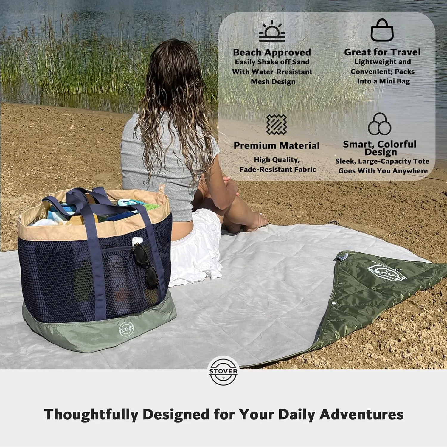 STOVER Large Mesh Beach Bag, Vacation, Pool, Shopping, & Travel Tote - Foldable w/Storage Pockets for Women, Men & Families