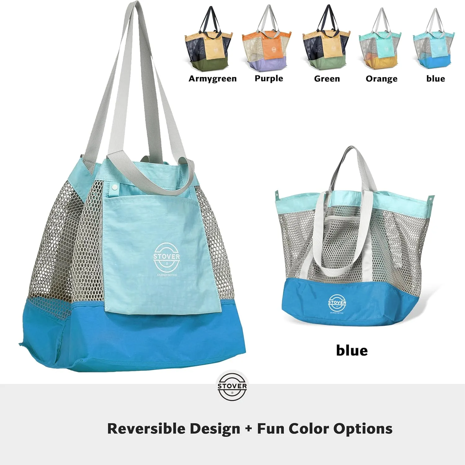 STOVER Large Mesh Beach Bag, Vacation, Pool, Shopping, & Travel Tote - Foldable w/Storage Pockets for Women, Men & Families