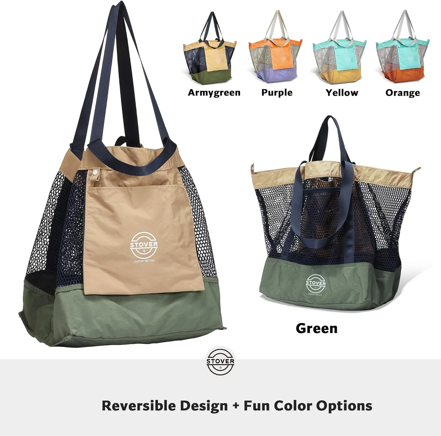 STOVER Large Mesh Beach Bag, Vacation, Pool, Shopping, & Travel Tote - Foldable w/Storage Pockets for Women, Men & Families