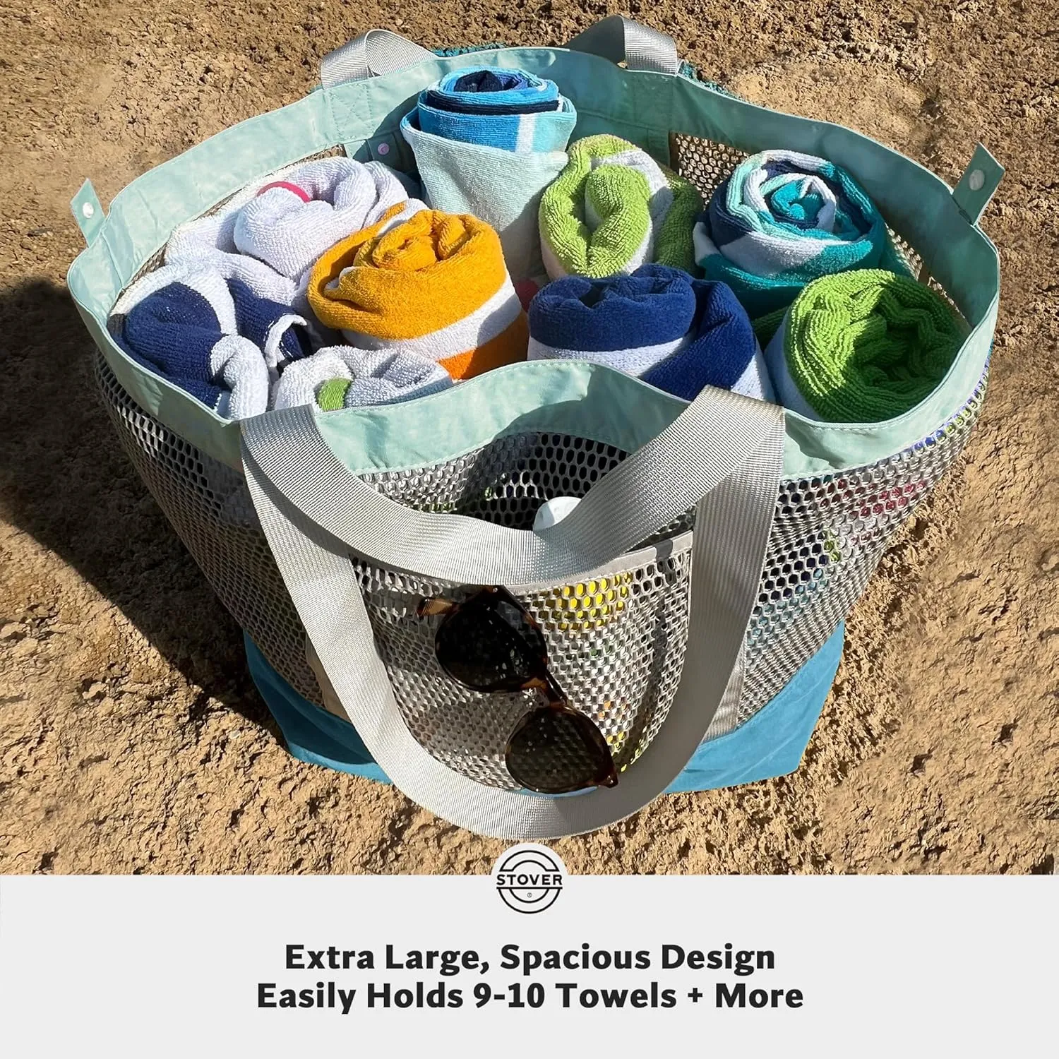 STOVER Large Mesh Beach Bag, Vacation, Pool, Shopping, & Travel Tote - Foldable w/Storage Pockets for Women, Men & Families