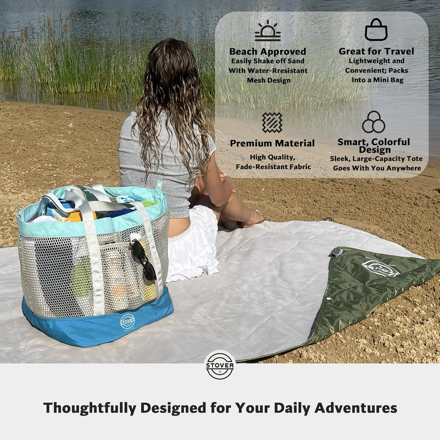 STOVER Large Mesh Beach Bag, Vacation, Pool, Shopping, & Travel Tote - Foldable w/Storage Pockets for Women, Men & Families