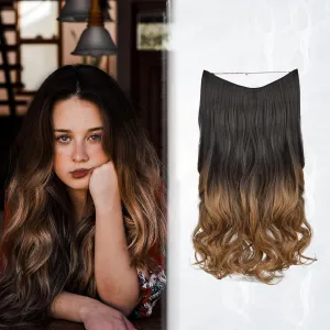 STYLERI Nvisible Wire Hair Extensions with Transparent Wire Adjustable Size 3 Secure Clips Long Wavy Secret Hairpieces 20 Inch Black Ombre to Brown for Women Daily Use