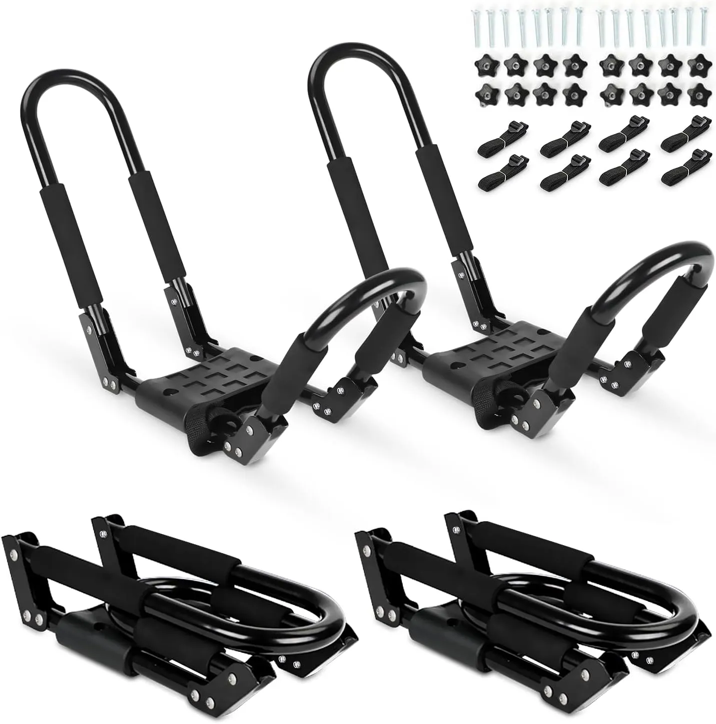 SUDOO Folding Kayak Roof Rack for 2 Kayaks Universal Kayak Carrier 4pcs J-Bar Kayak Roof Carrier for Car, Trucks, SUV and Canoe (2 Pairs)