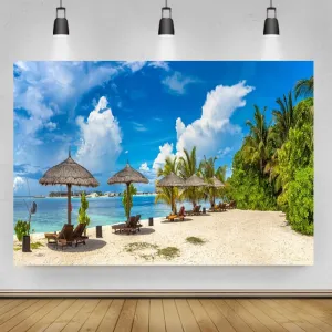 Summer Tropical Beach Backdrop for Party 7x5ft Tropical Hawaii Beach Backdrop Seaside Beach Palm Trees Photography Background Blue Sky White Clouds Holiday Vacation Trip Decor Portrait Props