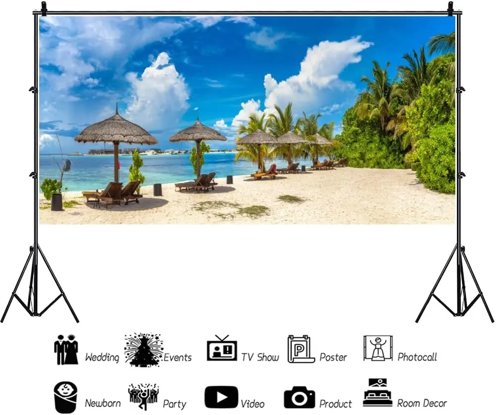 Summer Tropical Beach Backdrop for Party 7x5ft Tropical Hawaii Beach Backdrop Seaside Beach Palm Trees Photography Background Blue Sky White Clouds Holiday Vacation Trip Decor Portrait Props