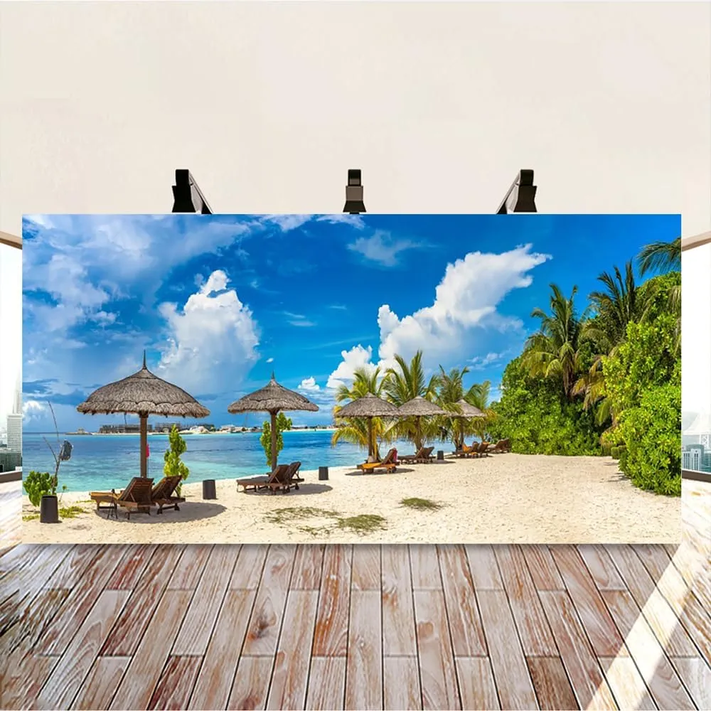 Summer Tropical Beach Backdrop for Party 7x5ft Tropical Hawaii Beach Backdrop Seaside Beach Palm Trees Photography Background Blue Sky White Clouds Holiday Vacation Trip Decor Portrait Props
