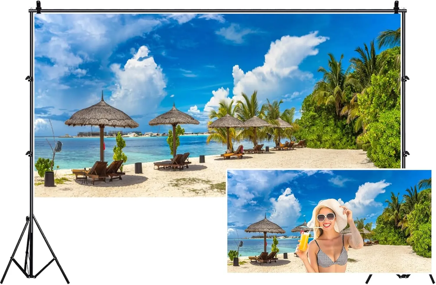 Summer Tropical Beach Backdrop for Party 7x5ft Tropical Hawaii Beach Backdrop Seaside Beach Palm Trees Photography Background Blue Sky White Clouds Holiday Vacation Trip Decor Portrait Props