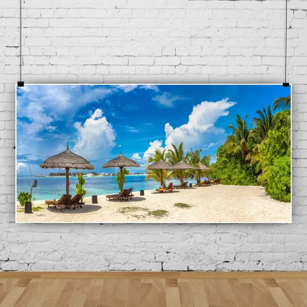 Summer Tropical Beach Backdrop for Party 7x5ft Tropical Hawaii Beach Backdrop Seaside Beach Palm Trees Photography Background Blue Sky White Clouds Holiday Vacation Trip Decor Portrait Props