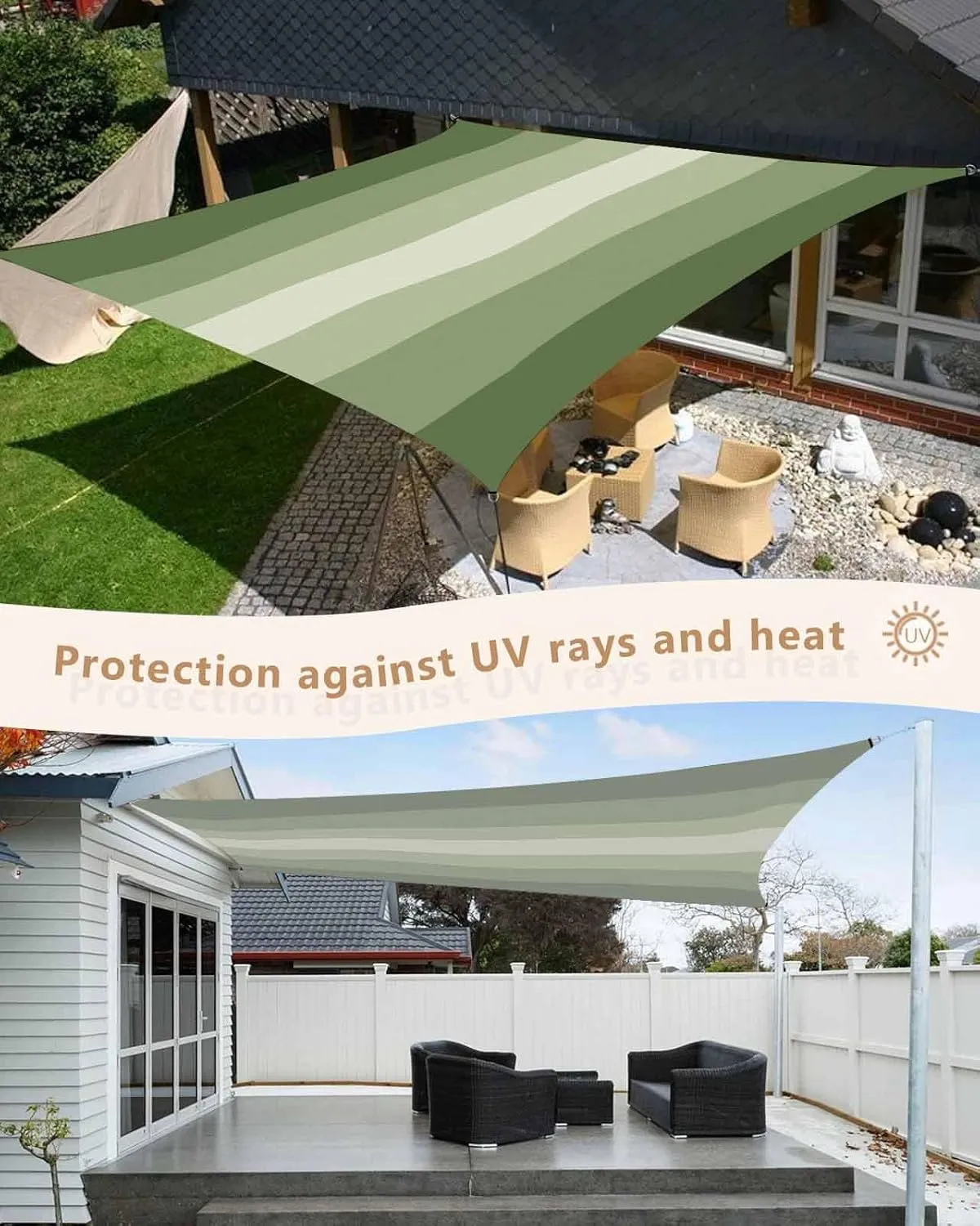 Sun Shade Sail, Sage Green Gradient Stripes Outdoor Waterproof Canopy Patio Cover with Rope, Rectangle UV Block Shade Sails for Garden Yard Deck Pergola Sand, 8x10 Feet