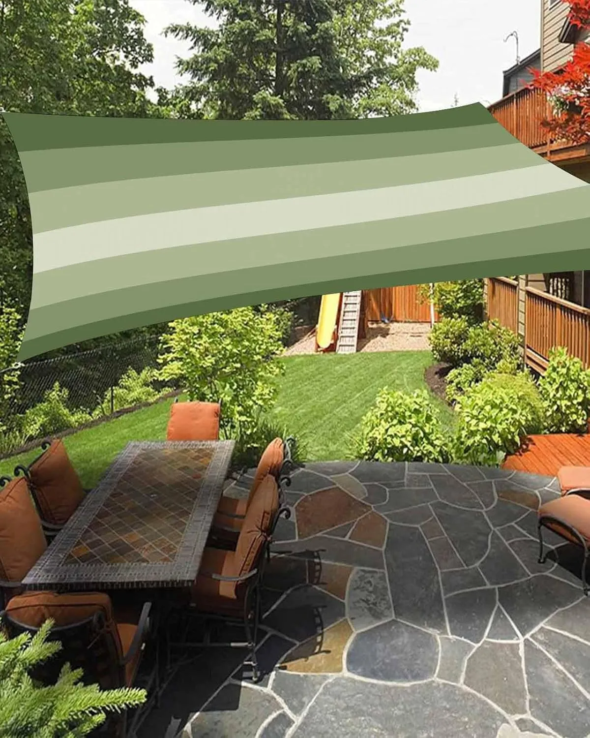 Sun Shade Sail, Sage Green Gradient Stripes Outdoor Waterproof Canopy Patio Cover with Rope, Rectangle UV Block Shade Sails for Garden Yard Deck Pergola Sand, 8x10 Feet