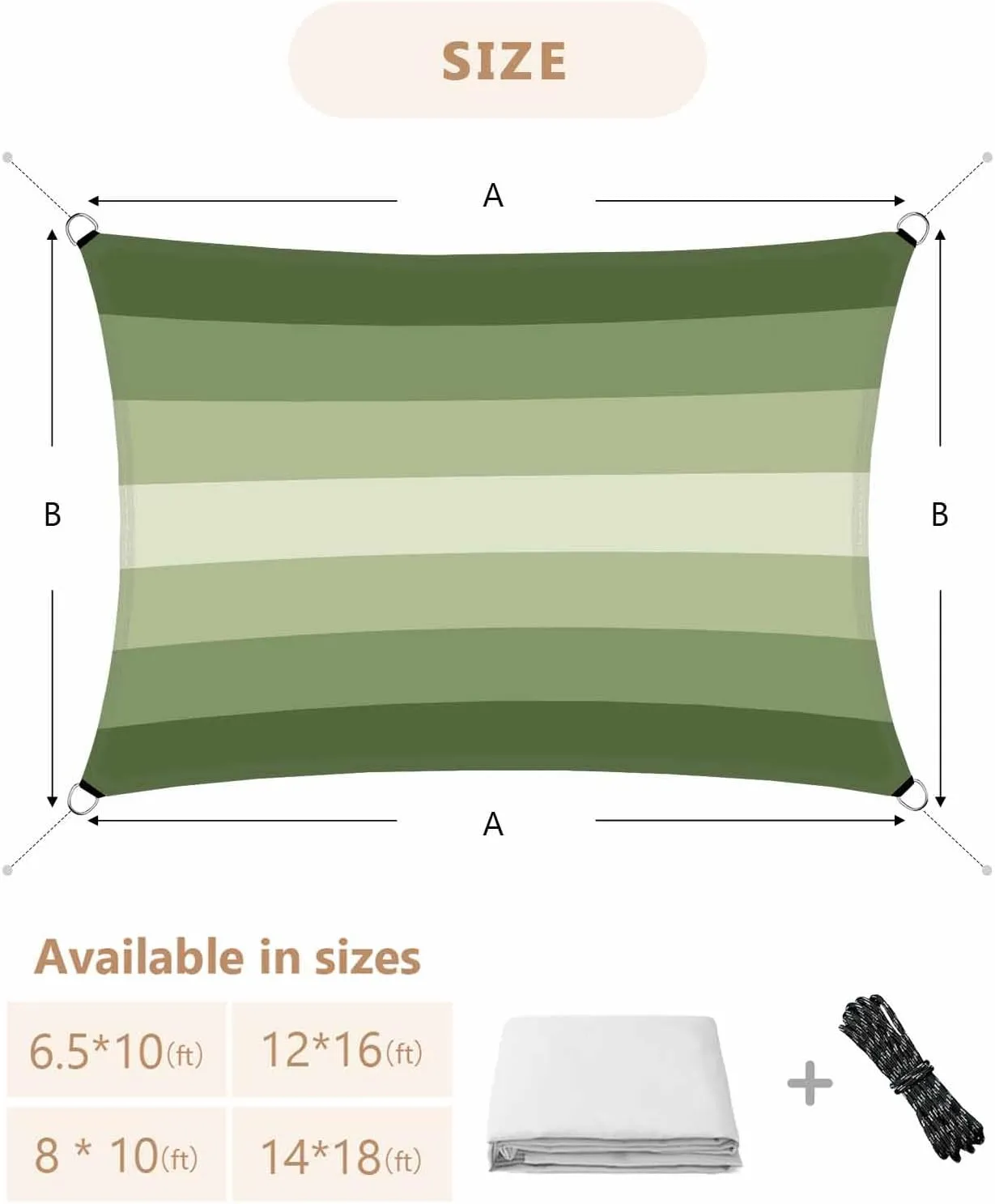 Sun Shade Sail, Sage Green Gradient Stripes Outdoor Waterproof Canopy Patio Cover with Rope, Rectangle UV Block Shade Sails for Garden Yard Deck Pergola Sand, 8x10 Feet