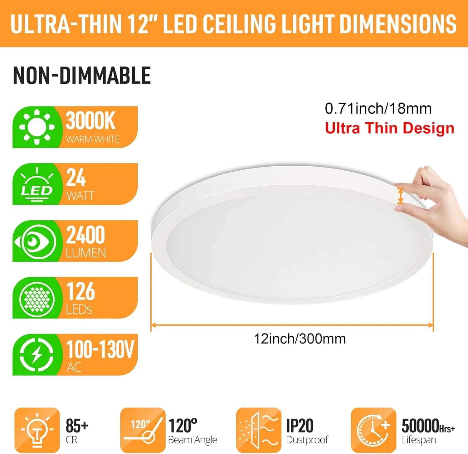 SunRider LED Flush Mount Ceiling Light Fixture, 3000K Warm White, 2400LM, 12 Inch 24W Round Flat Ceiling Lights, 240W Equiv. Panel Lamp, Non-Dimmable