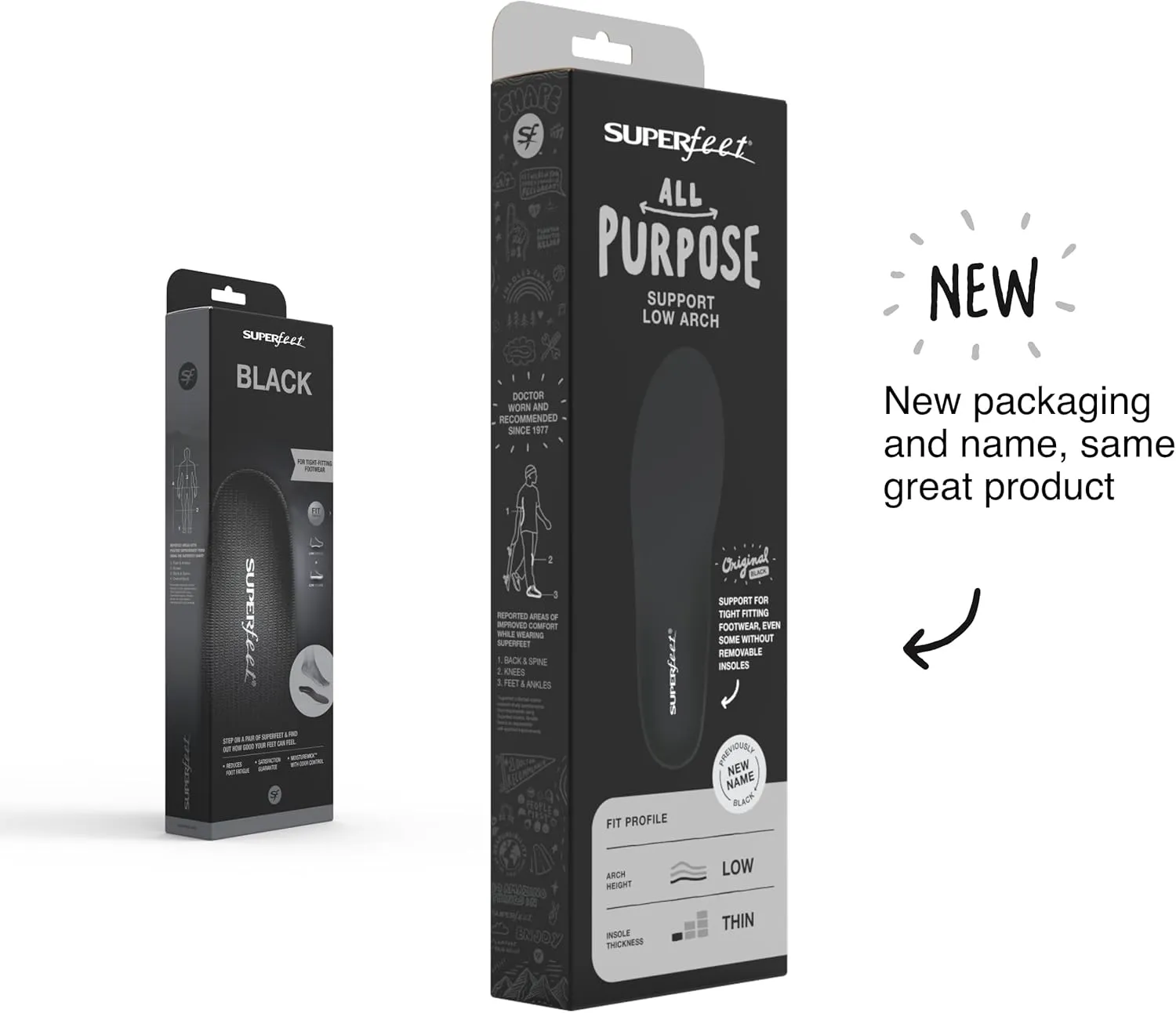 Superfeet All-Purpose Support Low Arch Insoles (Black) - Trim-To-Fit Orthotic Shoe Inserts for Thin, Tight Shoes - Professional Grade - 9.5-11 Men / 10.5-12 Women