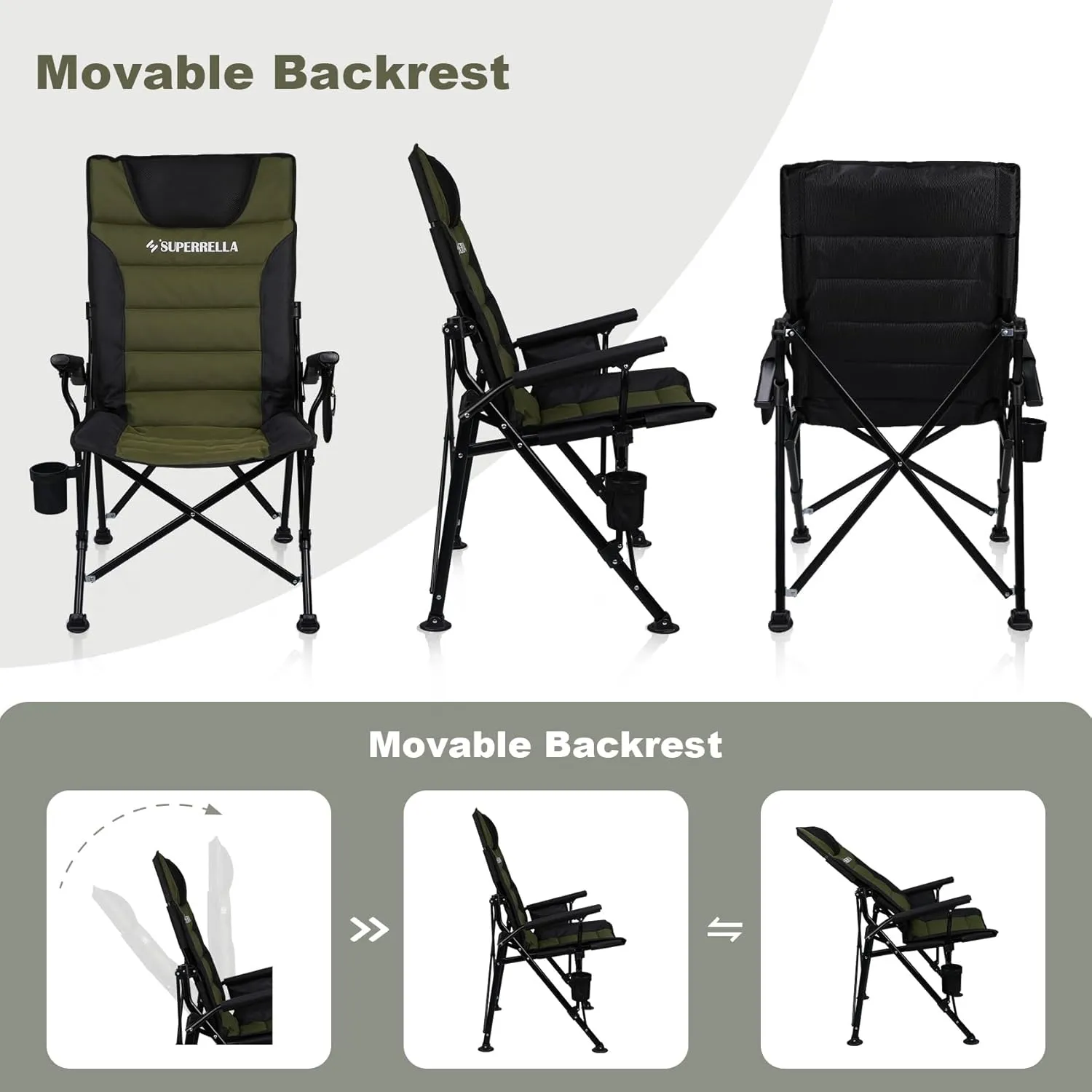 Supperella Movable Backrest Camping Chair for Adults with Cup Holder Folding Lawn Chairs for Outdoor Activities, Sports, Travel & Picnic