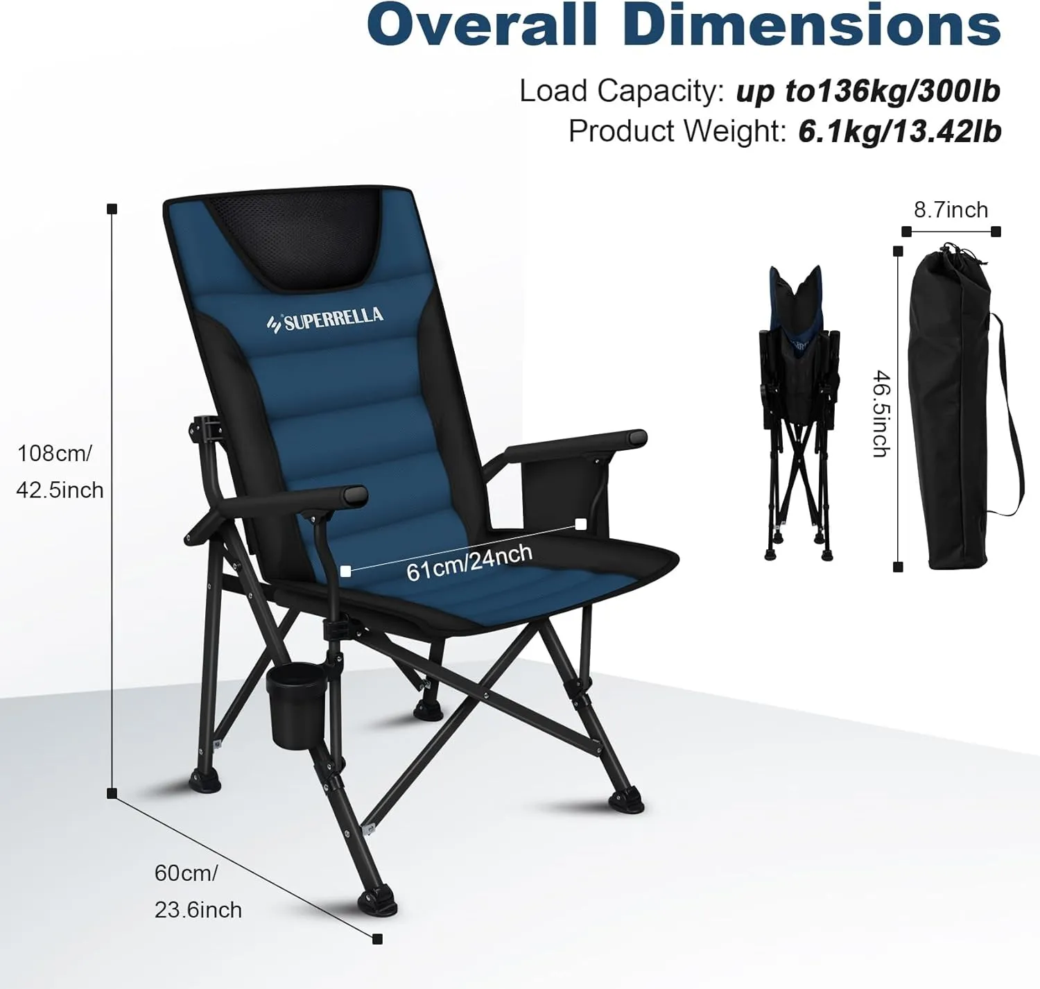 Supperella Movable Backrest Camping Chair for Adults with Cup Holder Folding Lawn Chairs for Outdoor Activities, Sports, Travel & Picnic