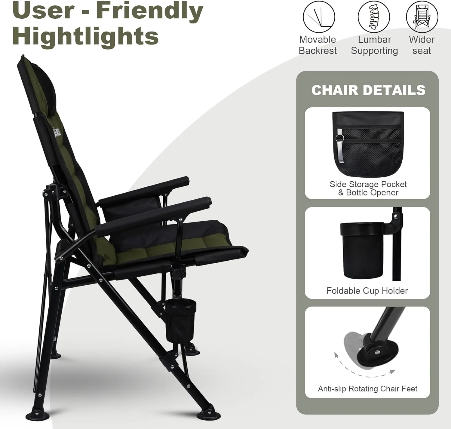 Supperella Movable Backrest Camping Chair for Adults with Cup Holder Folding Lawn Chairs for Outdoor Activities, Sports, Travel & Picnic
