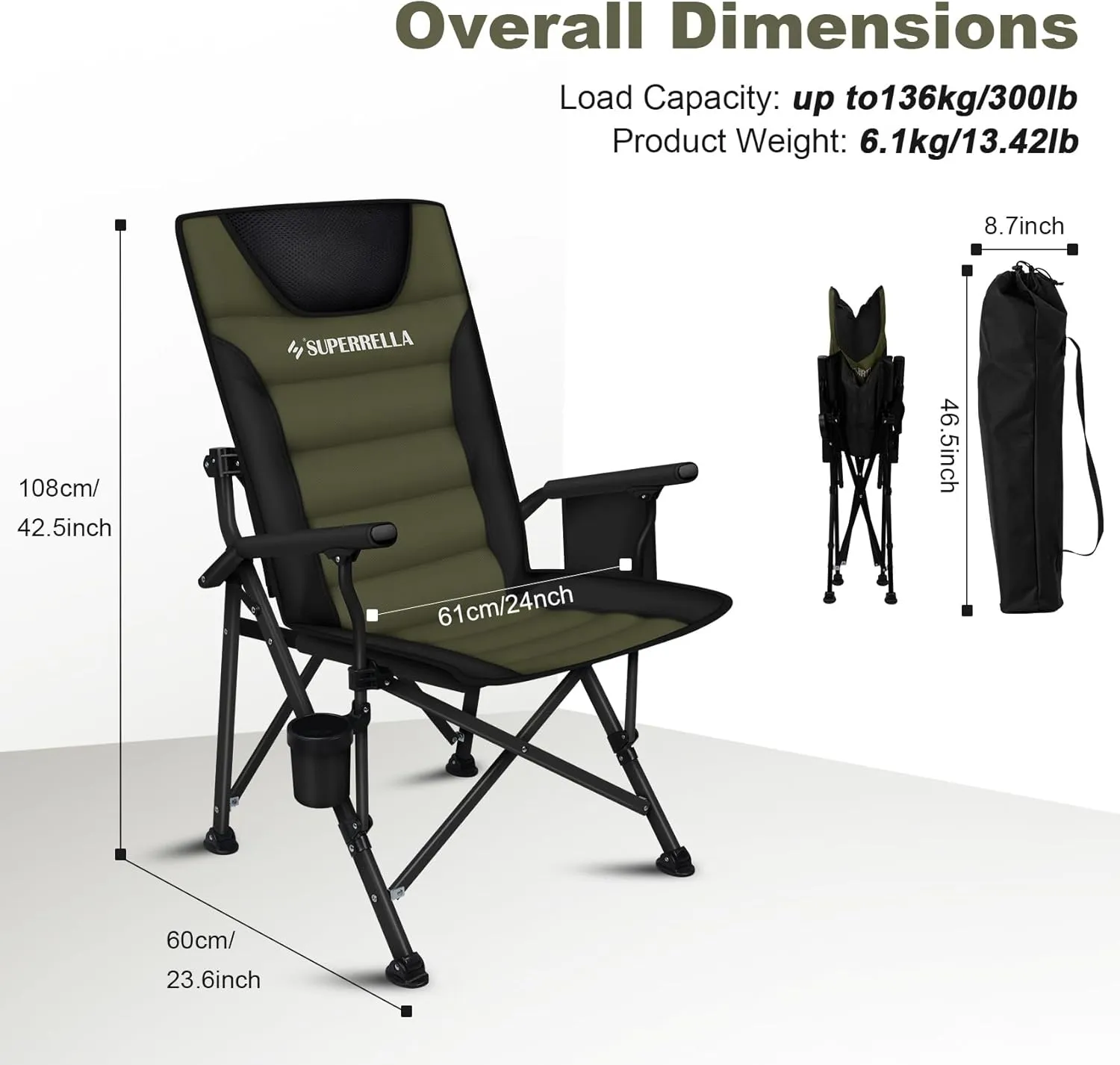 Supperella Movable Backrest Camping Chair for Adults with Cup Holder Folding Lawn Chairs for Outdoor Activities, Sports, Travel & Picnic