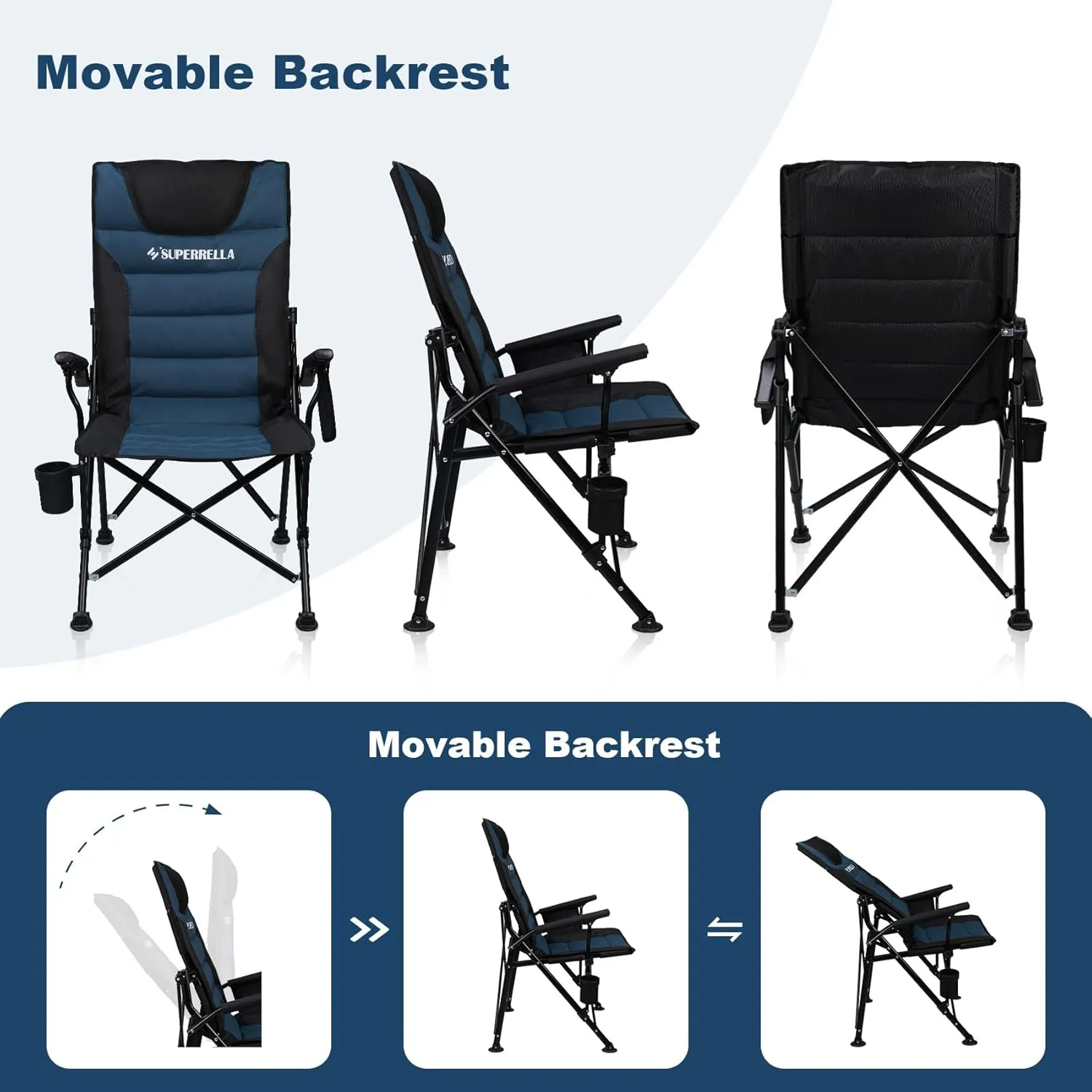 Supperella Movable Backrest Camping Chair for Adults with Cup Holder Folding Lawn Chairs for Outdoor Activities, Sports, Travel & Picnic
