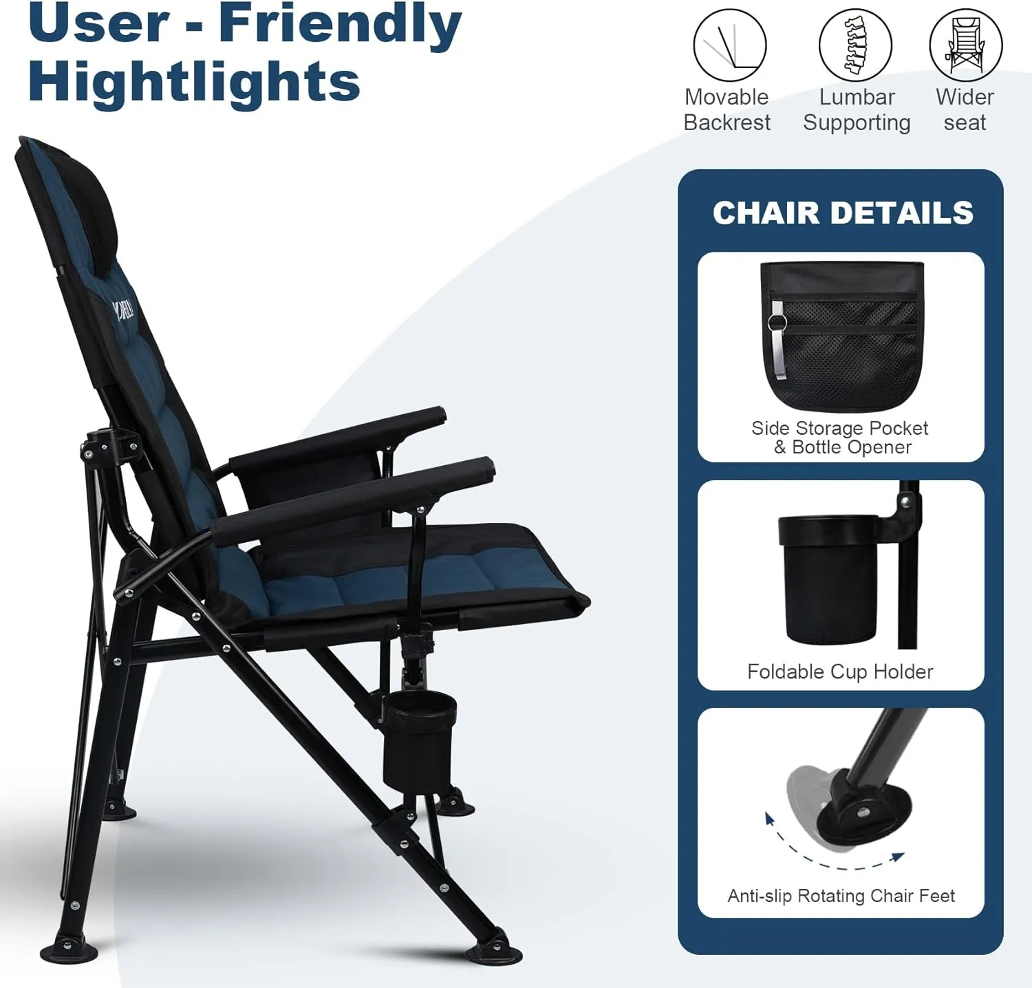 Supperella Movable Backrest Camping Chair for Adults with Cup Holder Folding Lawn Chairs for Outdoor Activities, Sports, Travel & Picnic