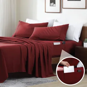 Swift Home Smart Sheets, Ultra Soft Brushed Microfiber 4-Piece Sheet Set, Fitted Bed Sheet with Side Storage Pockets – Burgundy, King