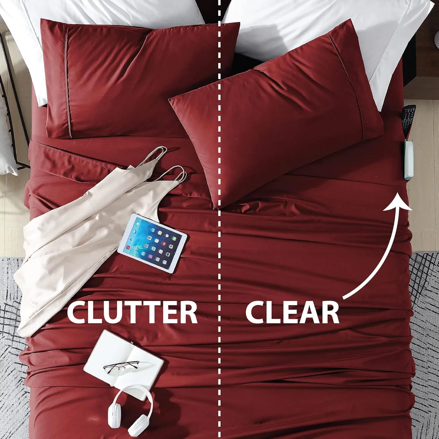 Swift Home Smart Sheets, Ultra Soft Brushed Microfiber 4-Piece Sheet Set, Fitted Bed Sheet with Side Storage Pockets – Burgundy, King